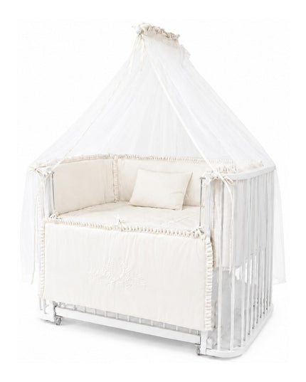 Bambino Anne Yanı Ahşap Sallanır Beşik 70x110cm (Beyaz - Nakışlı Ekru)