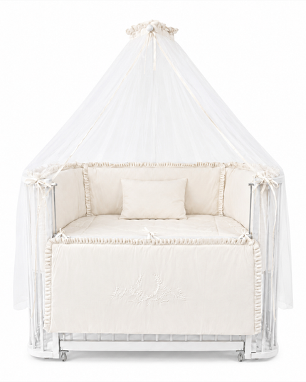 Bambino Anne Yanı Ahşap Sallanır Beşik 70x110cm (Beyaz - Nakışlı Ekru)