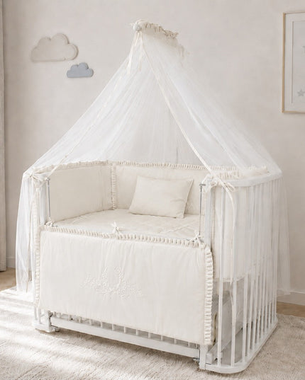Bambino Anne Yanı Ahşap Sallanır Beşik 70x110cm (Beyaz - Nakışlı Ekru)