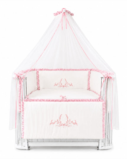 Bambino Anne Yanı Ahşap Sallanır Beşik 70x110cm (Beyaz - Nakışlı Pembe)