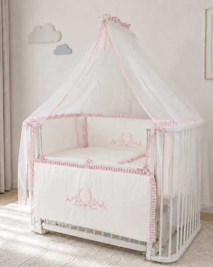 Bambino Anne Yanı Ahşap Sallanır Beşik 70x110cm (Beyaz - Nakışlı Pembe)