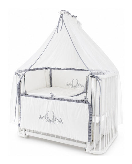 Bambino Anne Yanı Ahşap Sallanır Beşik 70x110cm (Beyaz - Nakışlı Gri)