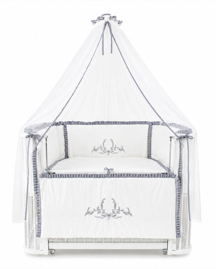 Bambino Anne Yanı Ahşap Sallanır Beşik 70x110cm (Beyaz - Nakışlı Gri)