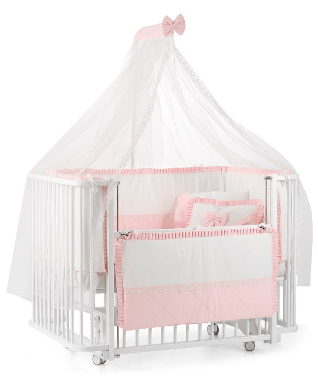 Bambino Anne Yanı Ahşap Sallanır Beşik 70x110 cm (beyaz-pembe)