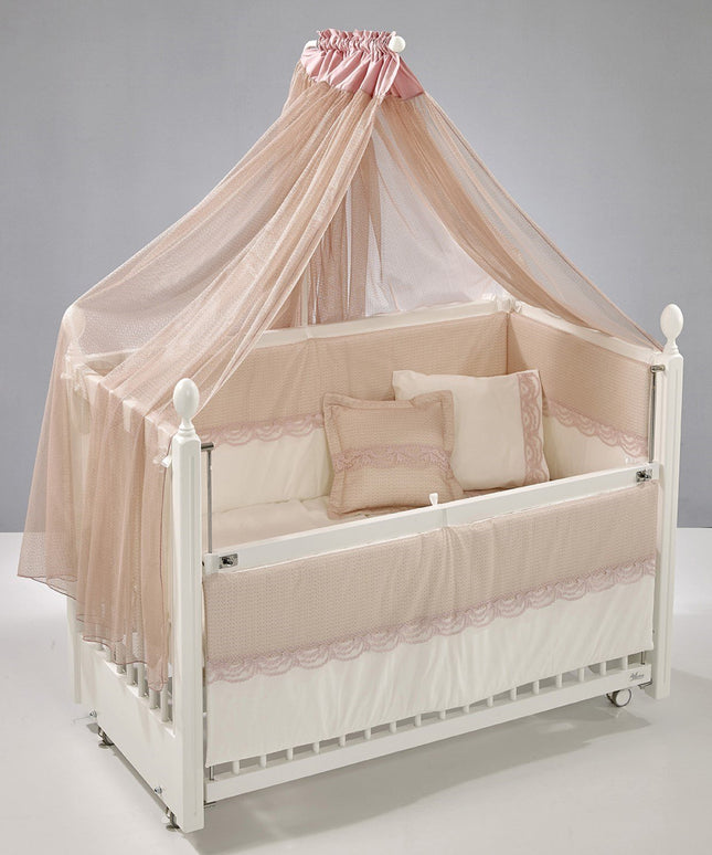 Kral Anne Yanı Ahşap Sallanır Beşik 60x120 cm (beyaz-pembe)