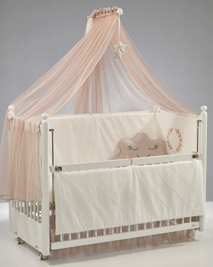 Mondo Anne Yanı Ahşap Sallanır Beşik 60x120 cm (beyaz-motto pudra)
